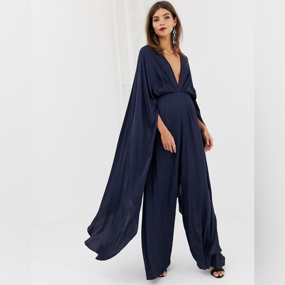 NWT ASOS Edition Satin Cape Sleeve Jumpsuit in Navy Blue Size 2.